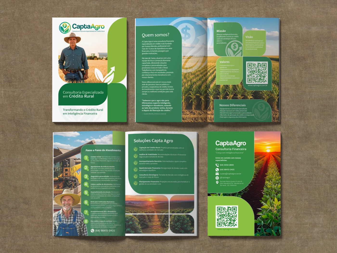 Mockup do portfólio empresarial em PDF da Capta Agro Consultoria, exibindo seções de serviços e diferenciais no agro.