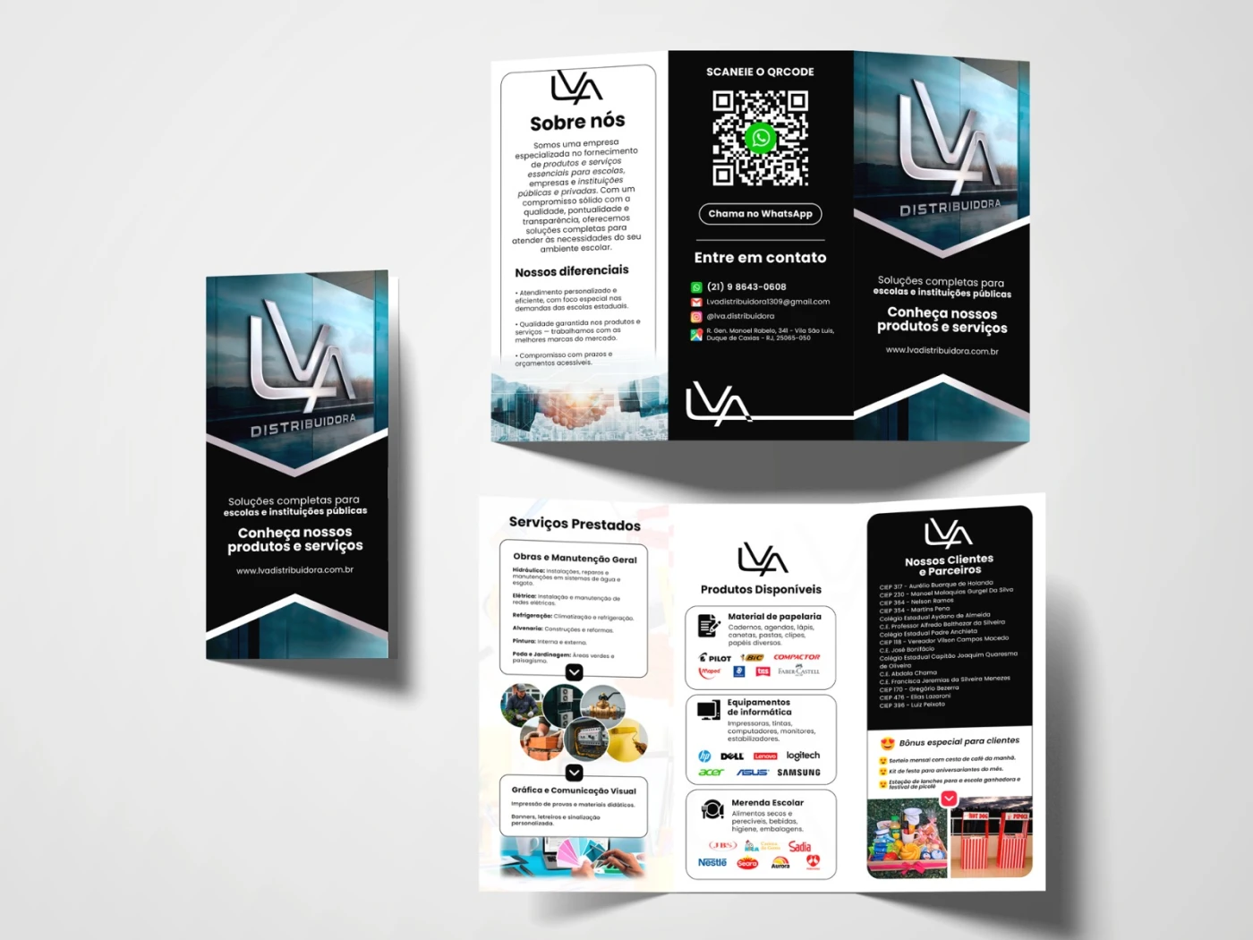 Design de portfólio corporativo impresso para LVA Distribuidora com foco em assessoria escolar e instituições públicas.