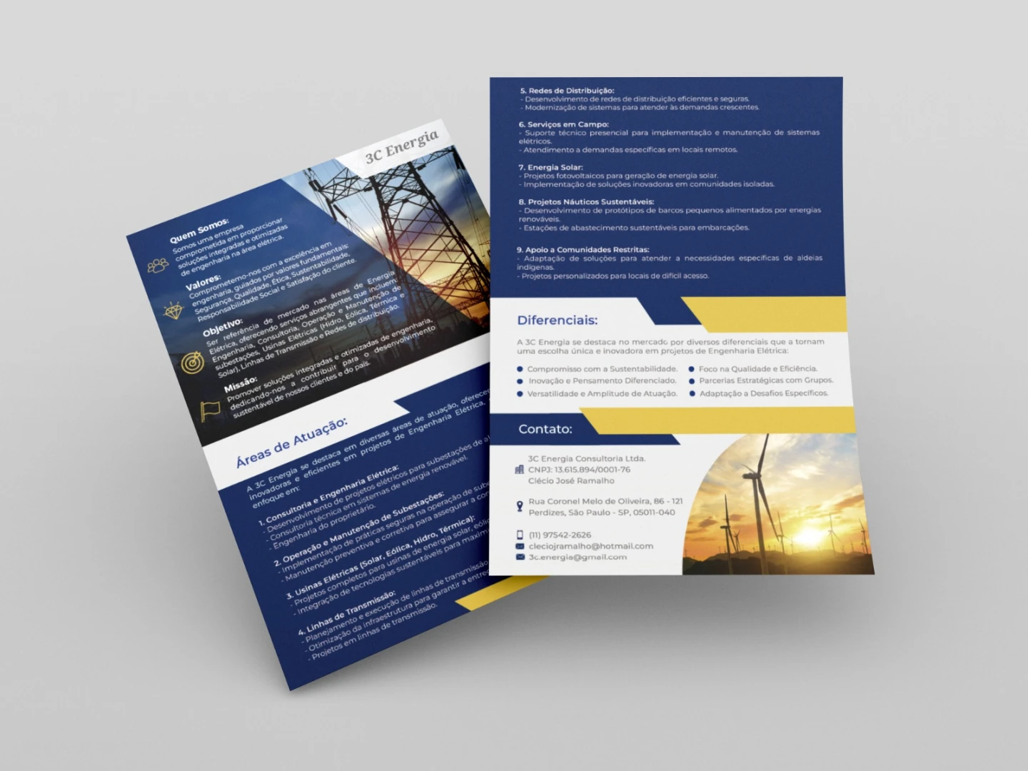 Design de portfólio corporativo para empresa de engenharia elétrica e energia com paleta azul e amarela mostrando áreas de atuação e diferenciais estruturados.