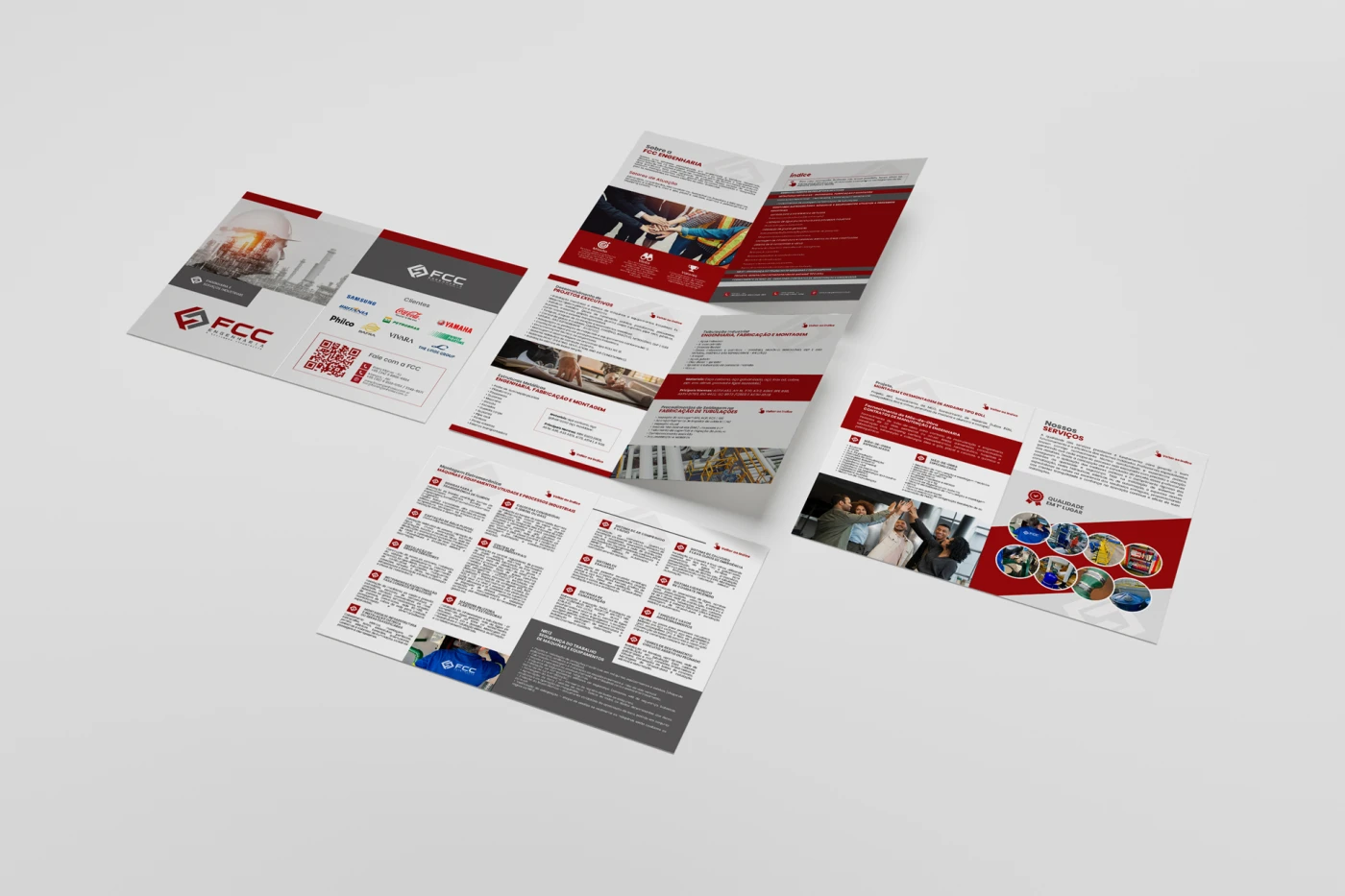 Mockup de portfólio empresarial impresso da FCC Engenharia mostrando layout interno e clientes atendidos.