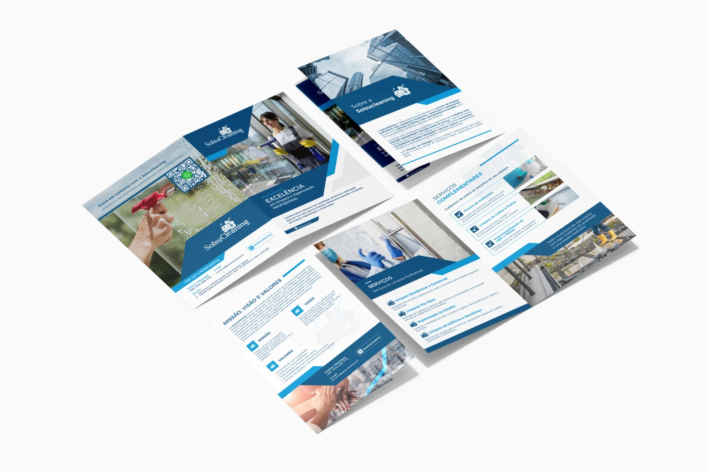 Mockup de portfólio empresarial impresso e digital para empresa de limpeza Solsu Cleaning, exibindo serviços e valores.