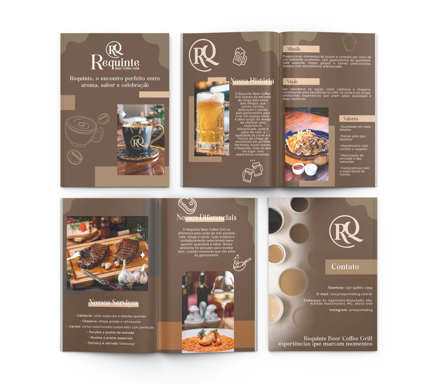 Layout de portfólio empresarial em PDF para a cafeteria Requinte com seções de história, diferenciais e serviços.