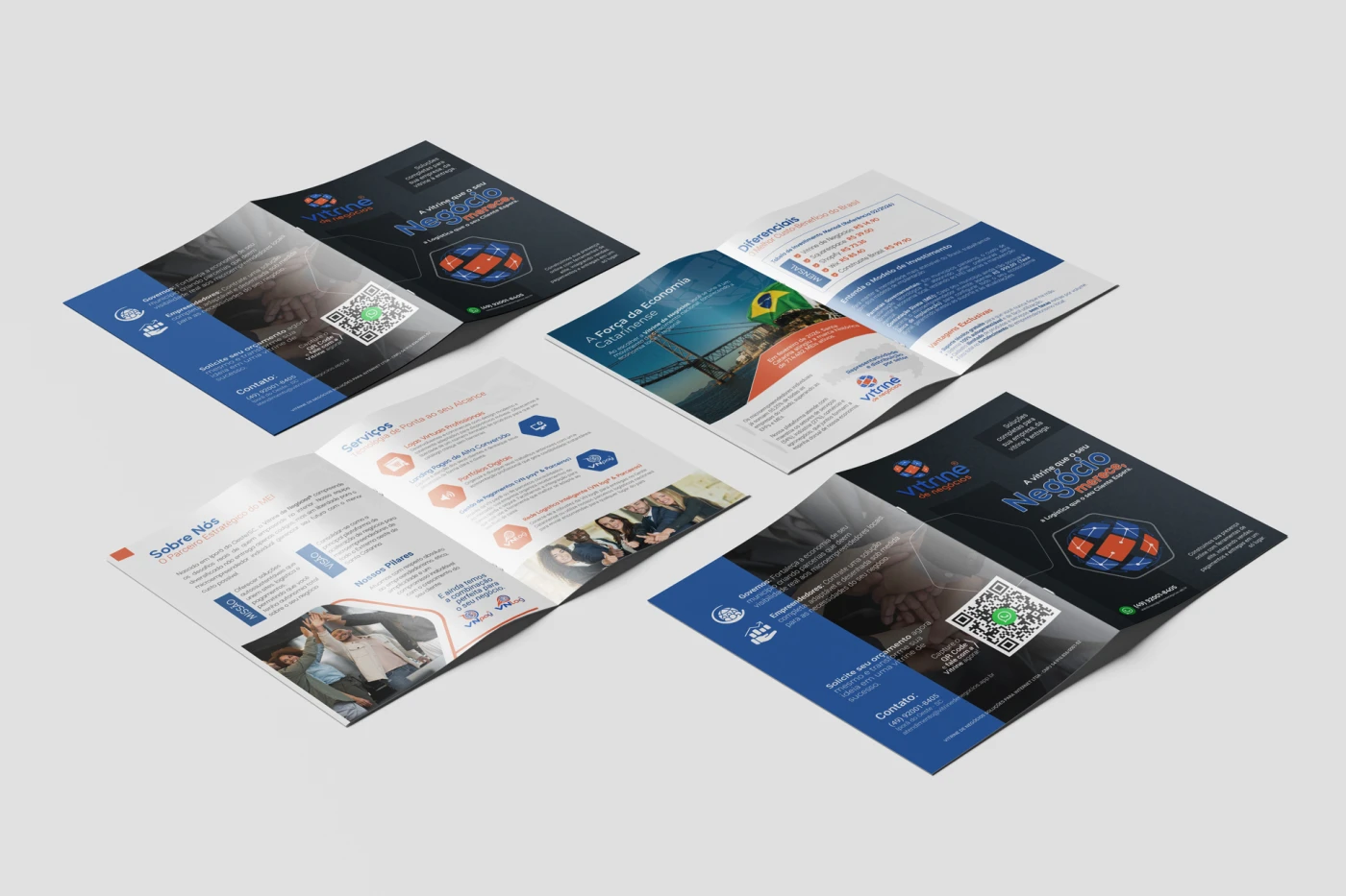 Mockup de Portfólio Empresarial em PDF formato folder com design azul e laranja para consultoria de negócios.