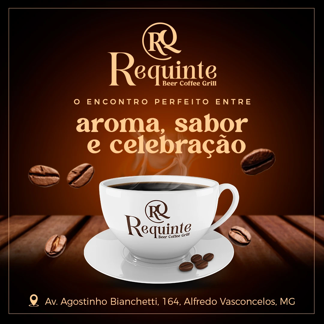 Arte estratégica para post de Instagram de cafeteria com xícara de café, grãos flutuantes e logo da Requinte.