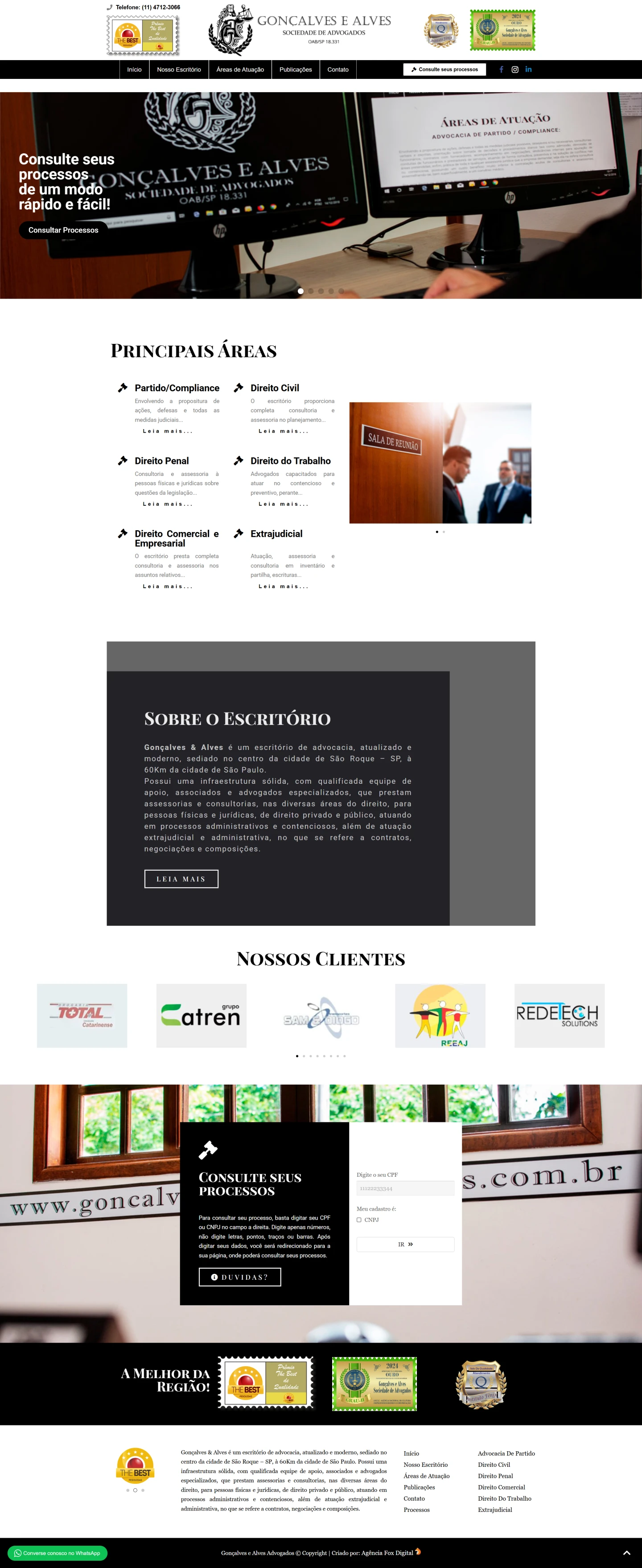 Layout do site Gonçalves e Alves Advogados mostrando design responsivo e profissional em desktop e mobile.