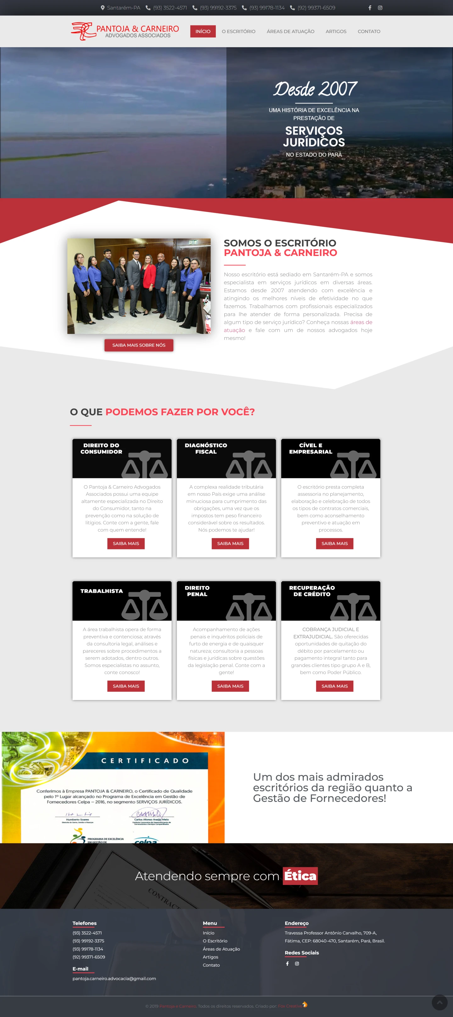 Interface do site profissional da Pantoja e Carneiro Advogados exibindo layout sóbrio e responsividade em dispositivos móveis.