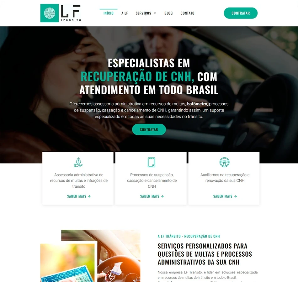 Interface do site da LF Trânsito com foco em recuperação de CNH e recursos de multas.