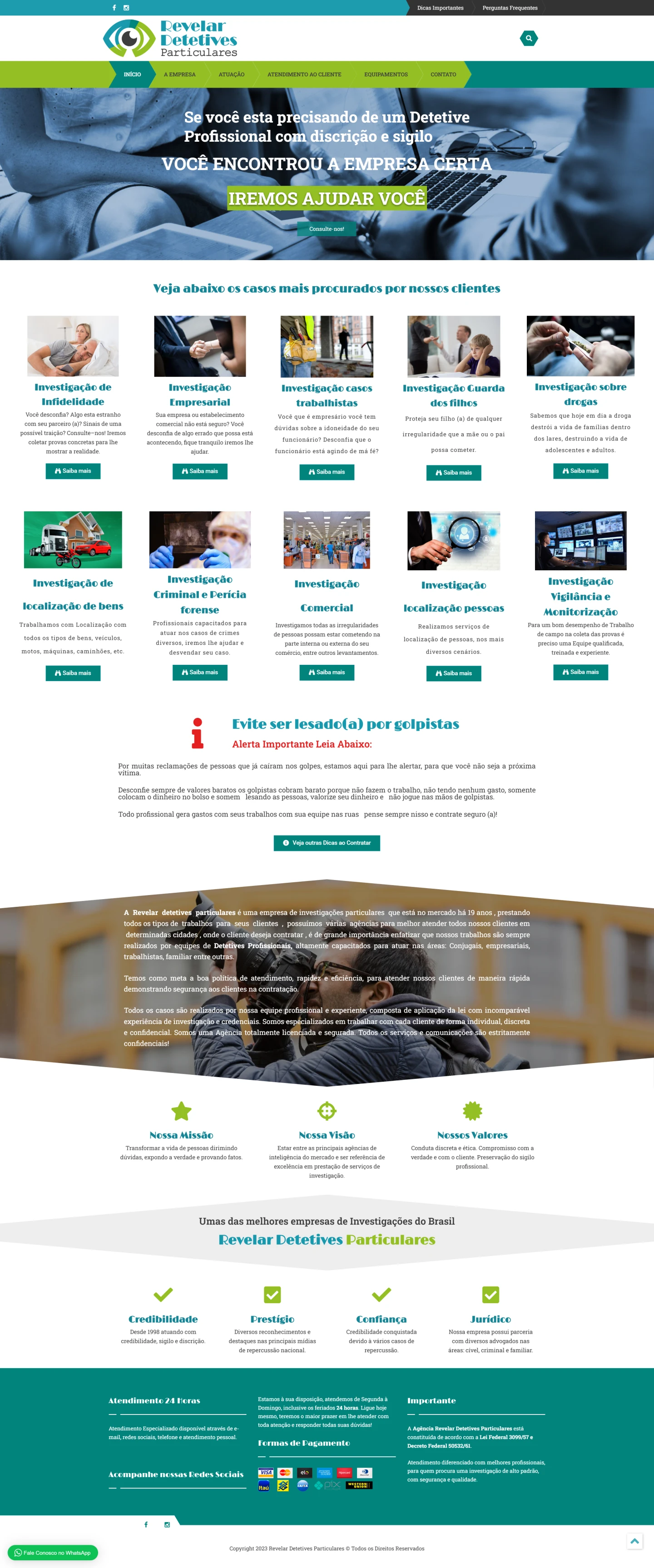 Layout de site profissional para detetive particular com design escuro e botões de contato destacados.