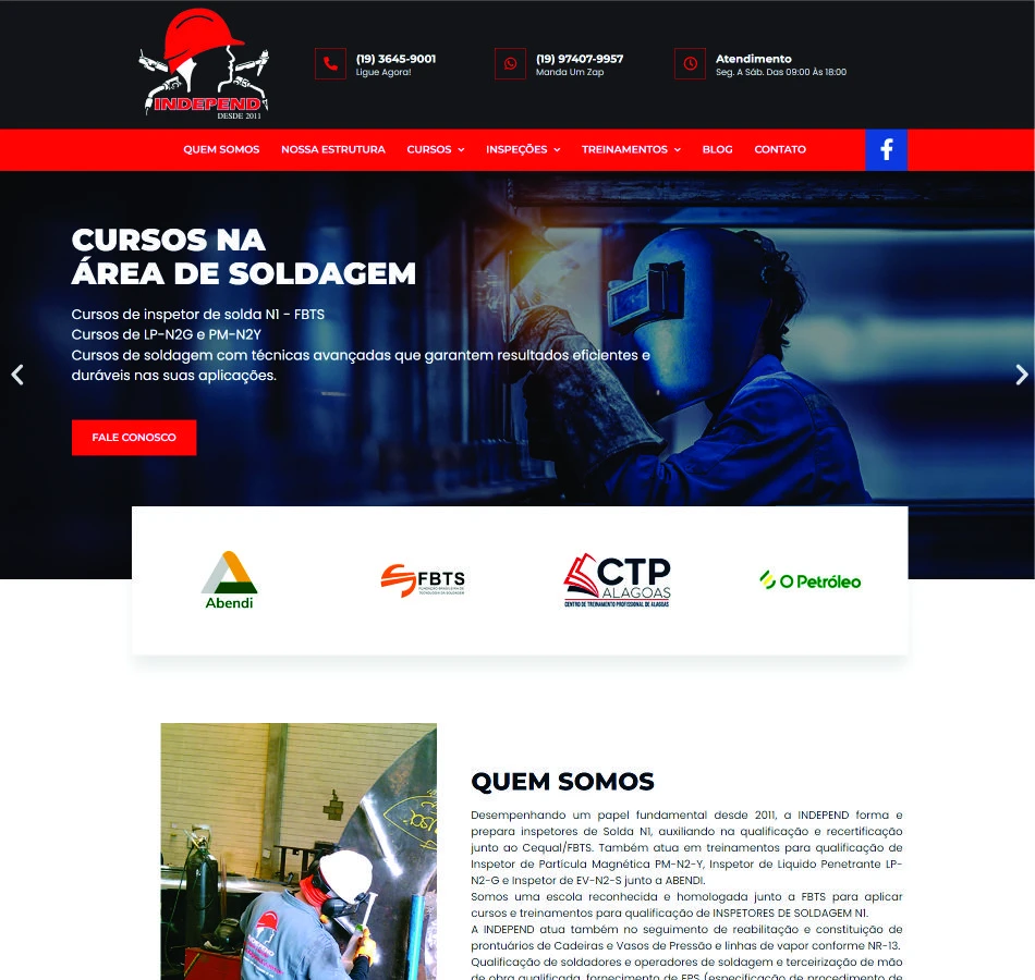 Interface do site Independ Cursos com destaque para treinamentos de soldagem e layout responsivo.