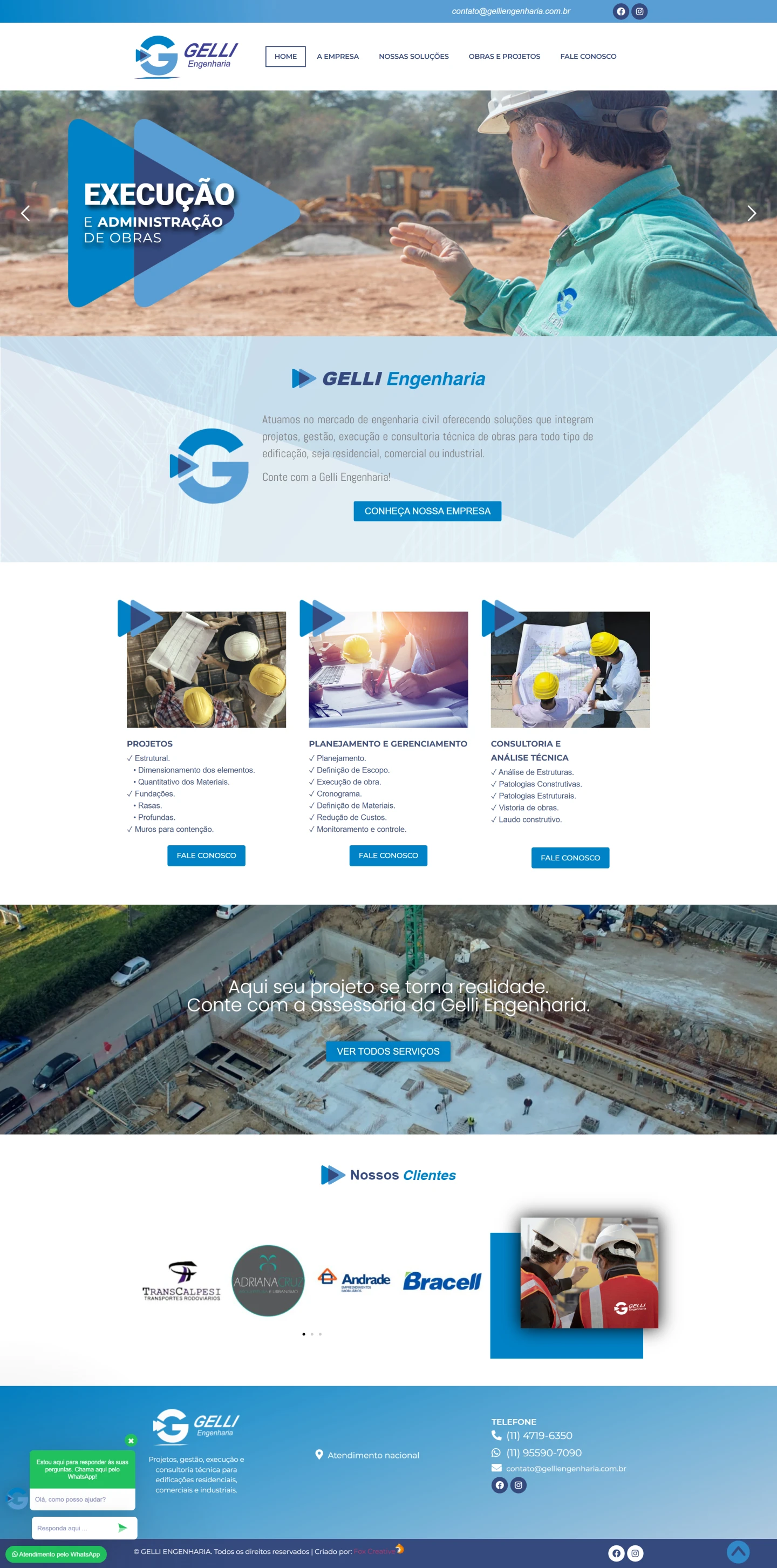 Interface do site profissional da Gelli Engenharia exibindo layout moderno e responsivo focado em construção civil.