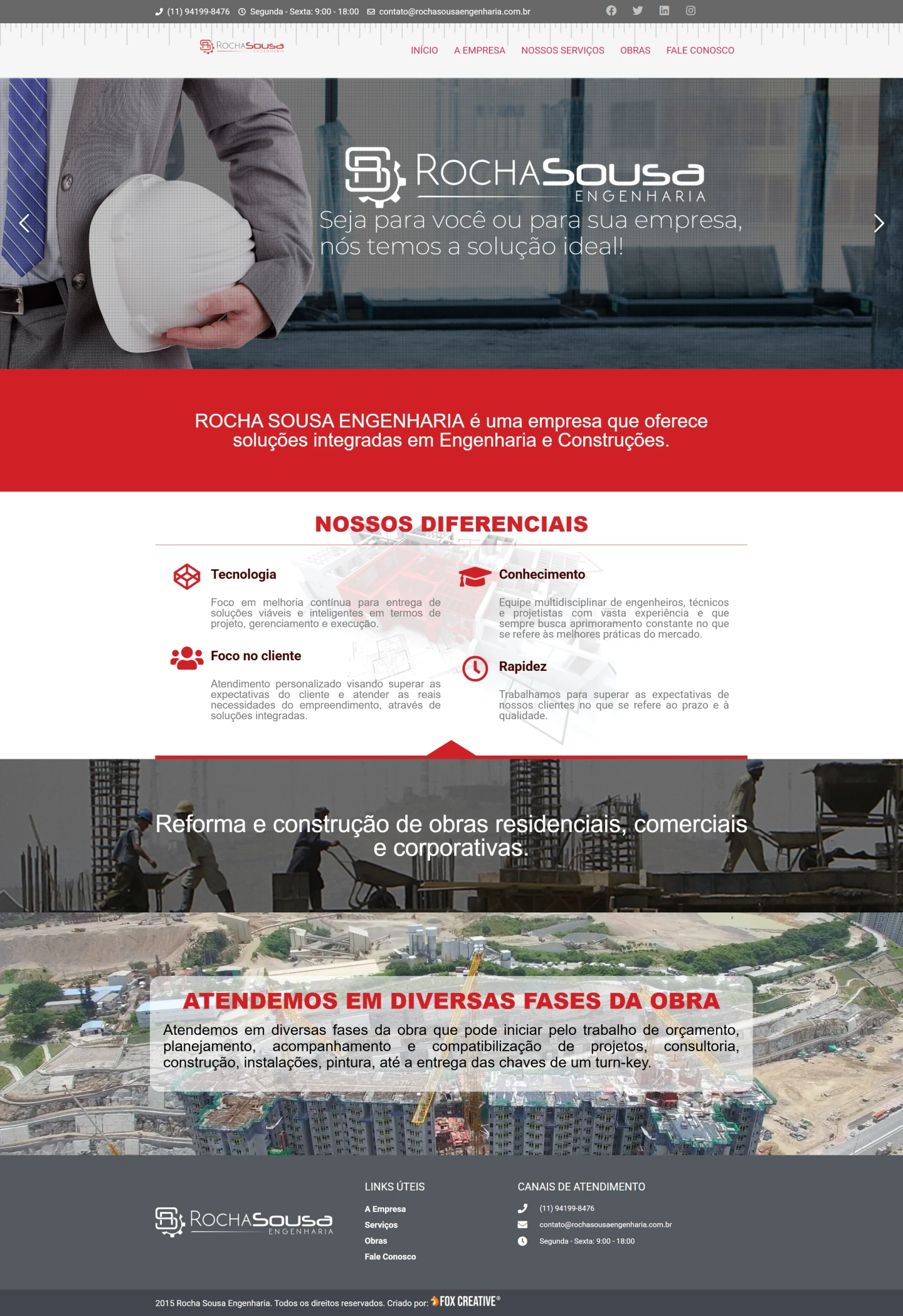Layout responsivo do site Rocha Sousa Engenharia exibindo portfólio de obras e serviços.