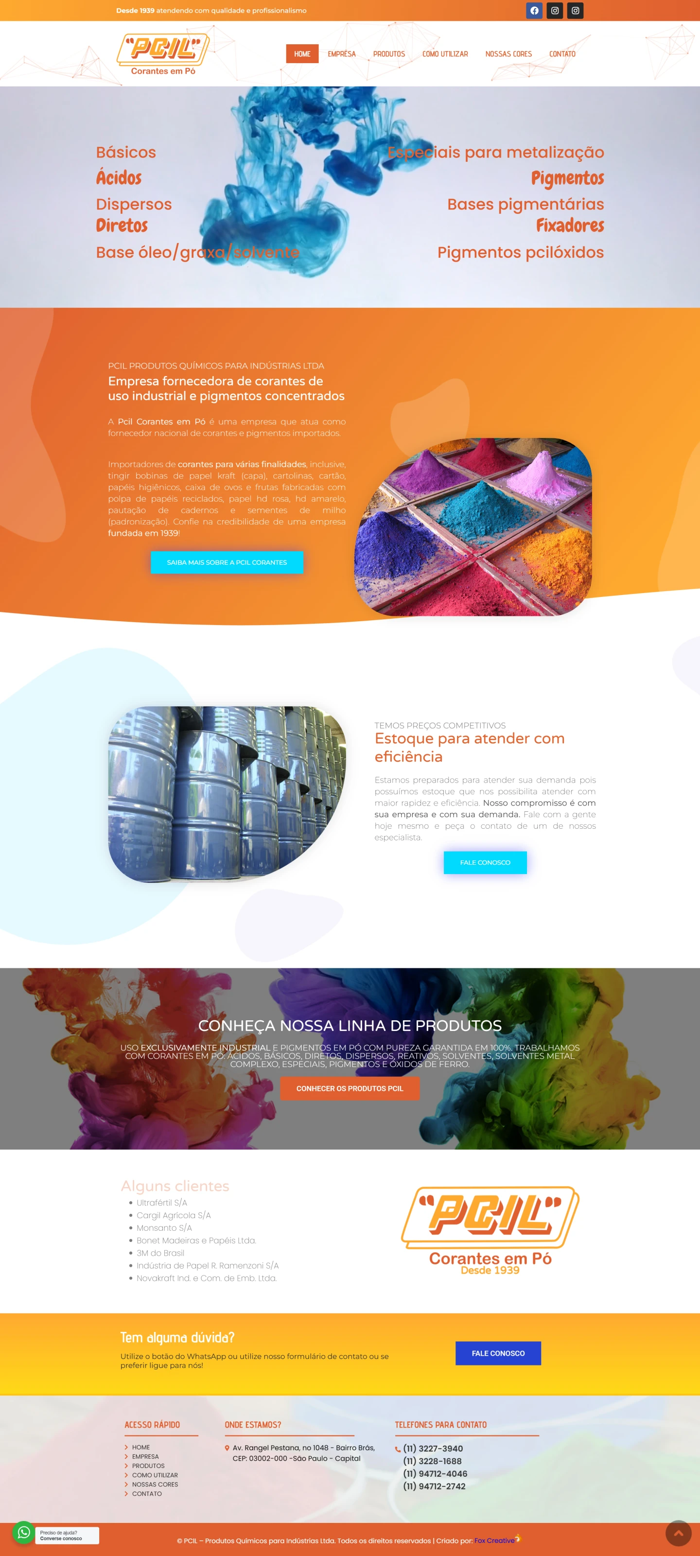 Interface do site profissional da Pcil Corantes exibindo catálogo de corantes em pó com design responsivo.