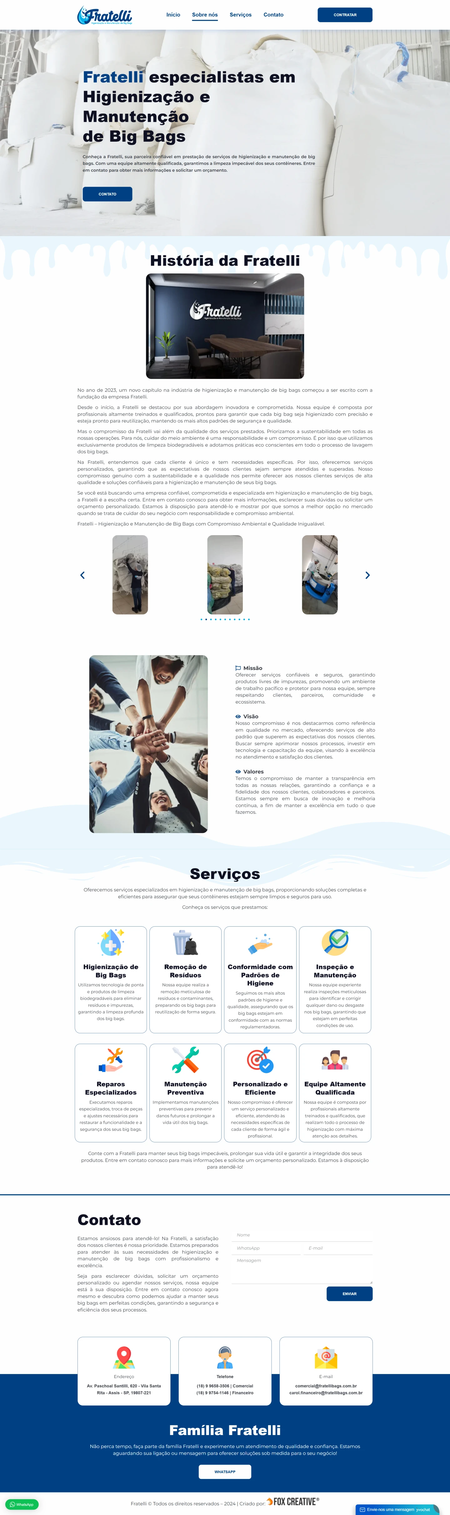 Interface do site da Fratelli Bags exibindo serviços de higienização em layout responsivo e moderno.