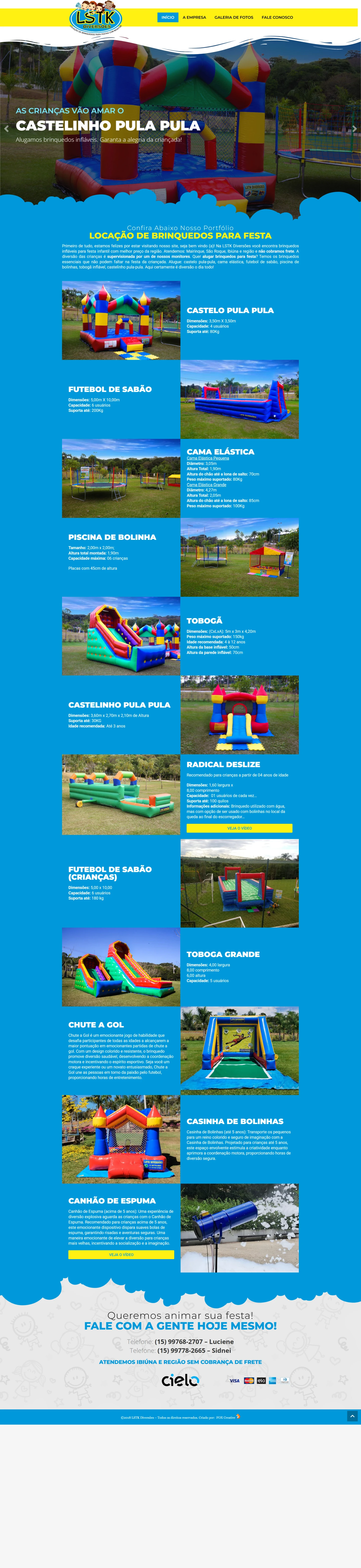 Site responsivo da LSTK Diversões exibindo catálogo de brinquedos infláveis com especificações técnicas.