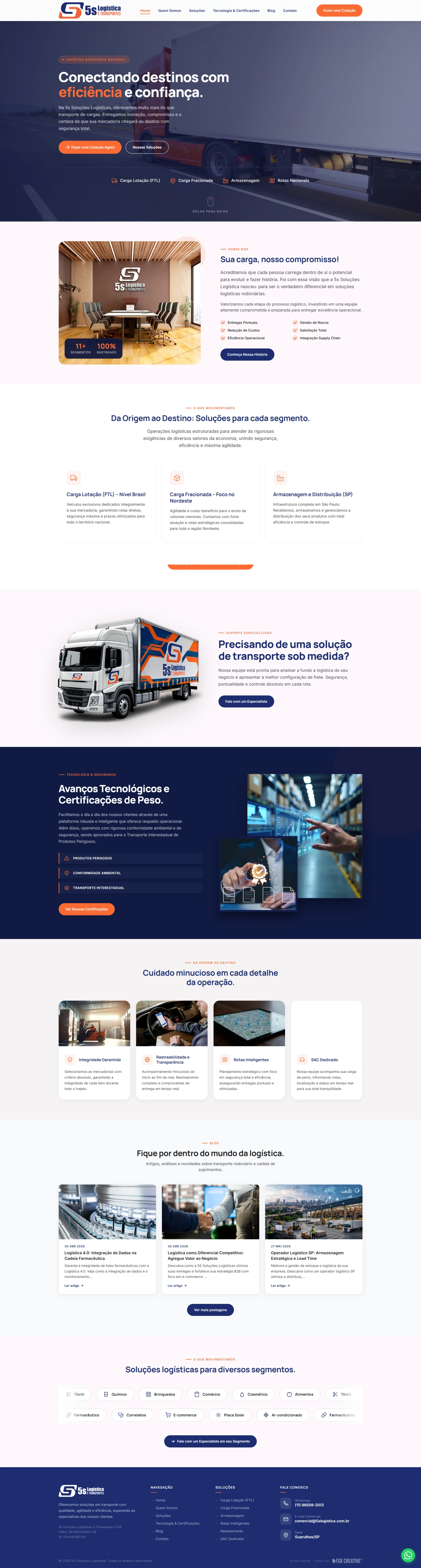Layout moderno do site profissional multiplas páginas com blog criado para a empresa 5S Logística, focando em usabilidade e UX/UI.