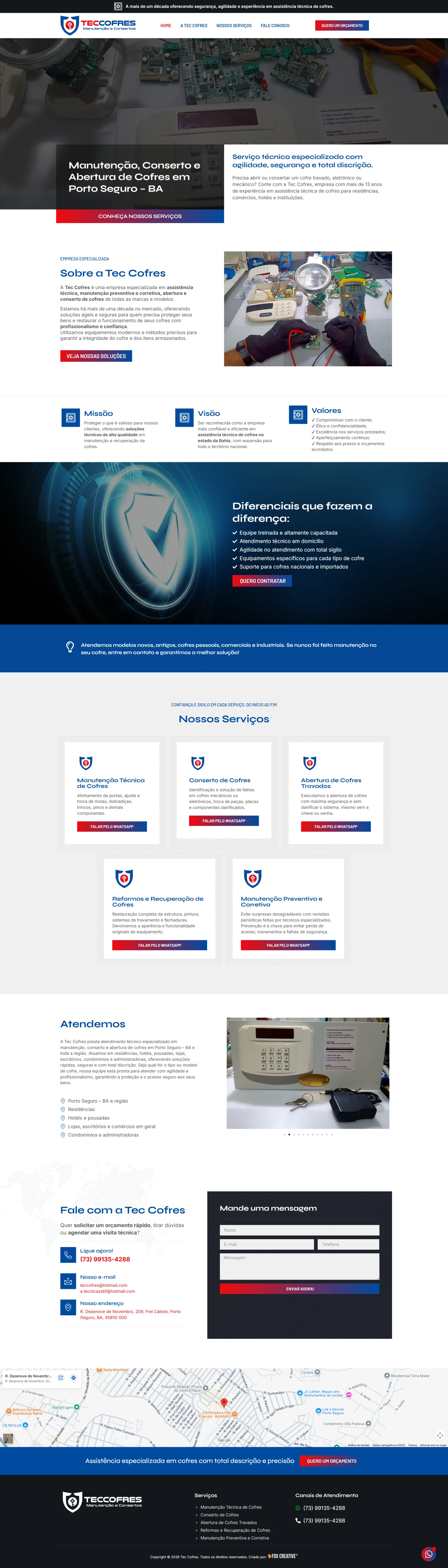 Mockup do site profissional TecCofres em dispositivos móveis e desktop, destacando layout de segurança e manutenção.