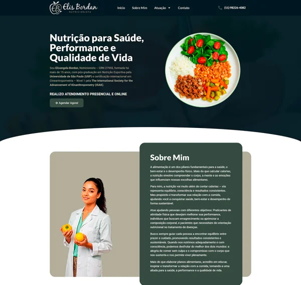 Interface do site profissional da nutricionista Elis Bordan com foco em UI/UX e conversão.
