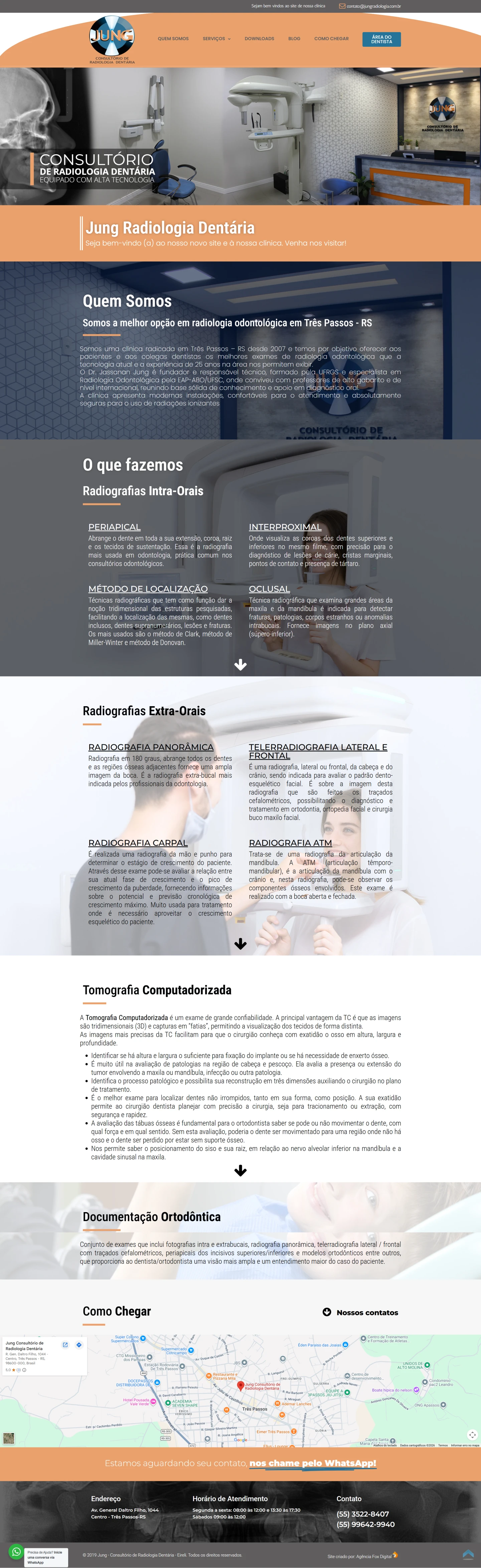Interface do site da Jung Radiologia exibindo área de resultados de exames e agendamento em desktop e mobile.