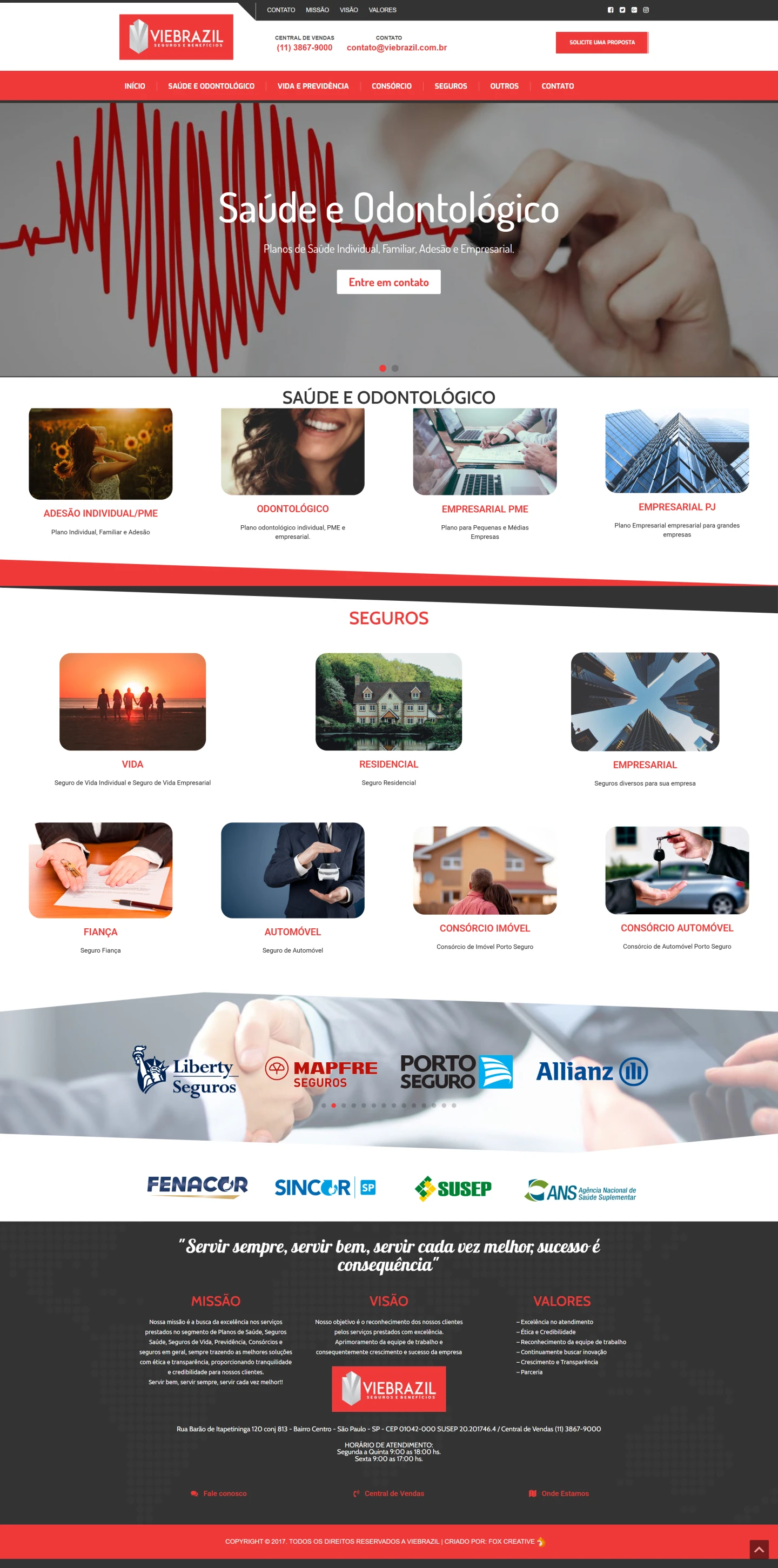 Interface do site profissional da Viebrazil Seguros exibindo layout moderno, responsividade e foco em conversão de leads.