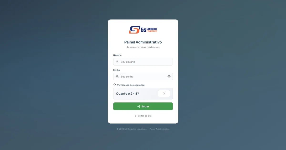 Tela de login limpa e segura do painel administrativo customizado da 5S Logística, exibindo campos de usuário, senha, botão verde de entrar e sistema de verificação matemática anti-bot.