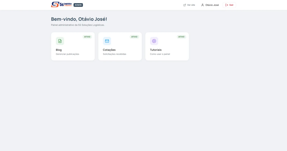 Painel de controle inicial com mensagem de boas-vindas ao usuário Otávio José, apresentando três cards minimalistas e organizados para gerenciamento de Blog, Cotações e Tutoriais.