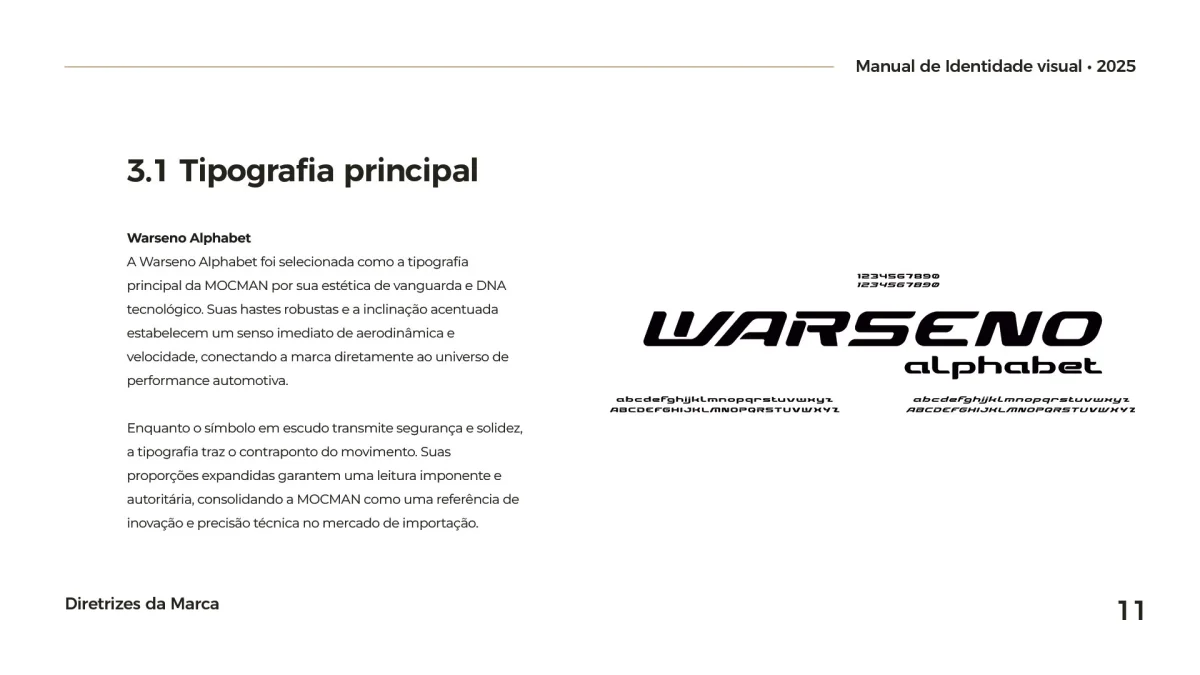 Especificações técnicas da família tipográfica principal usada pela marca MOCMAN, com exemplos do alfabeto.