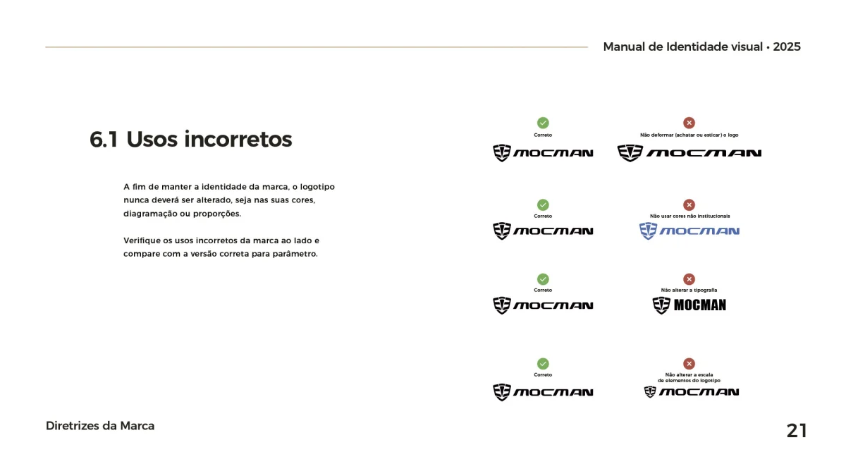 Exemplos práticos do que não fazer com a marca, como achatar, mudar cores não oficiais ou adicionar sombras incorretas.