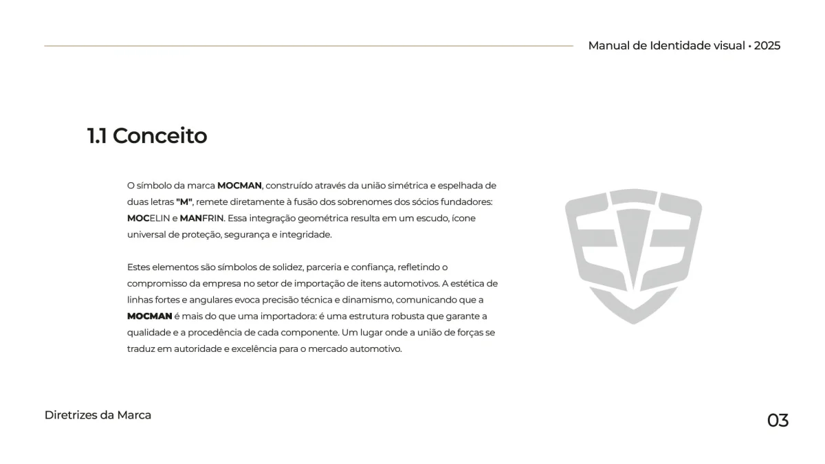 Página de conceito explicando a construção do símbolo de escudo com a fusão das letras M para a marca MOCMAN.