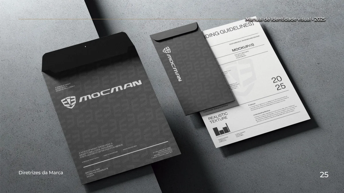 Simulação do logotipo MOCMAN assinado em interfaces digitais, como redes sociais e sistema de importação.
