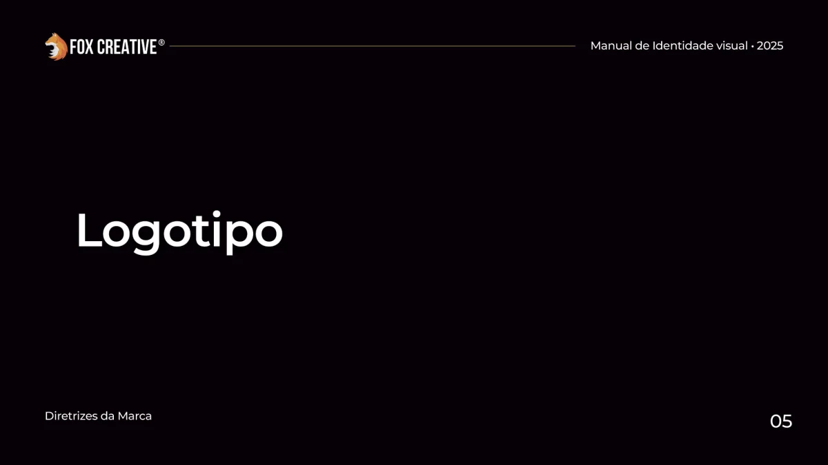 Página divisória escura introduzindo a seção técnica de Logotipo no Manual de Identidade Visual.