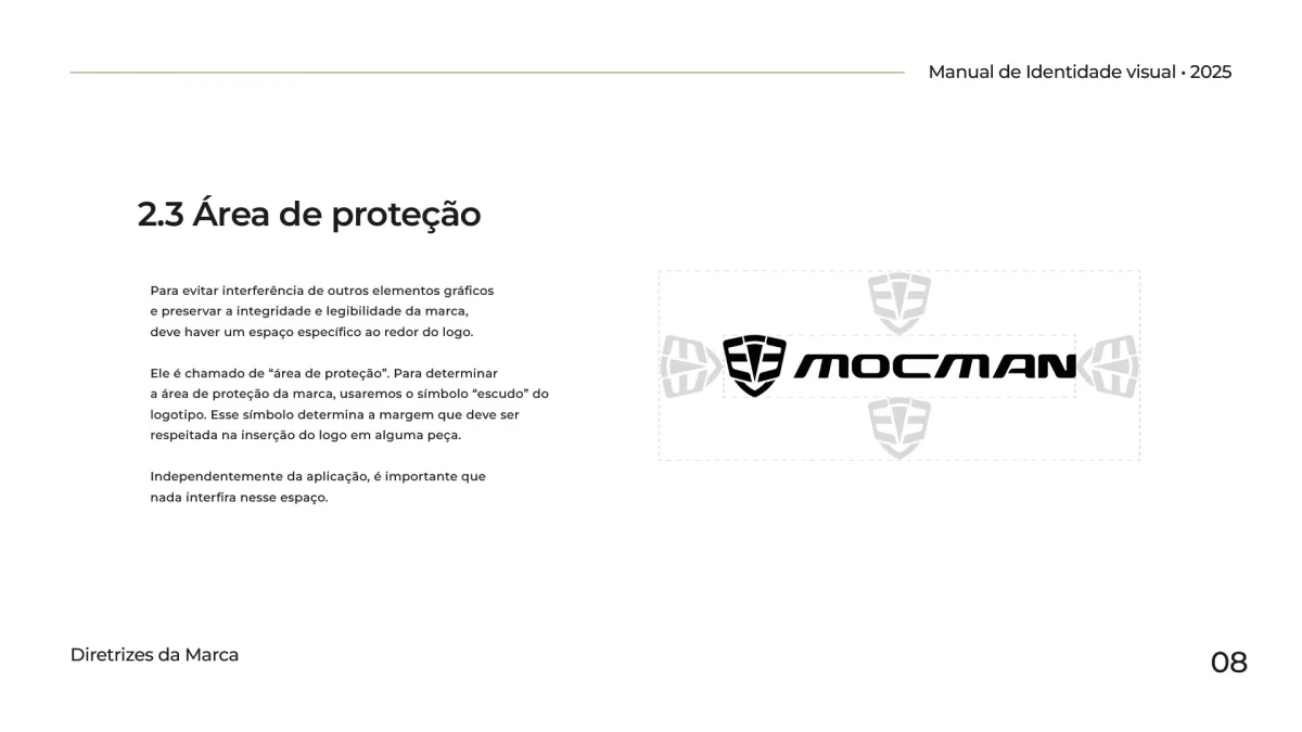 Esquema técnico mostrando as margens de segurança e a área de proteção (respiro) ao redor do logotipo MOCMAN.