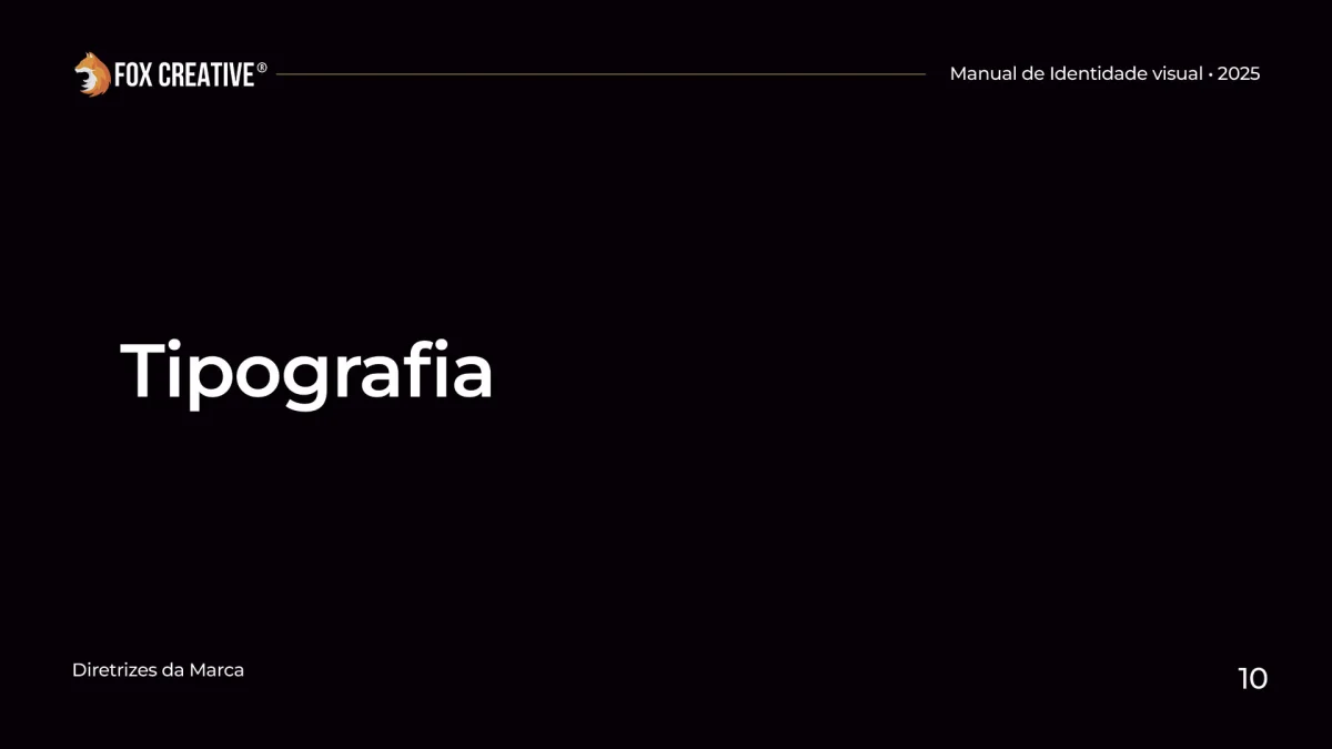 Página divisória preta com o título Tipografia, iniciando a seção de fontes do Manual de Identidade Visual.