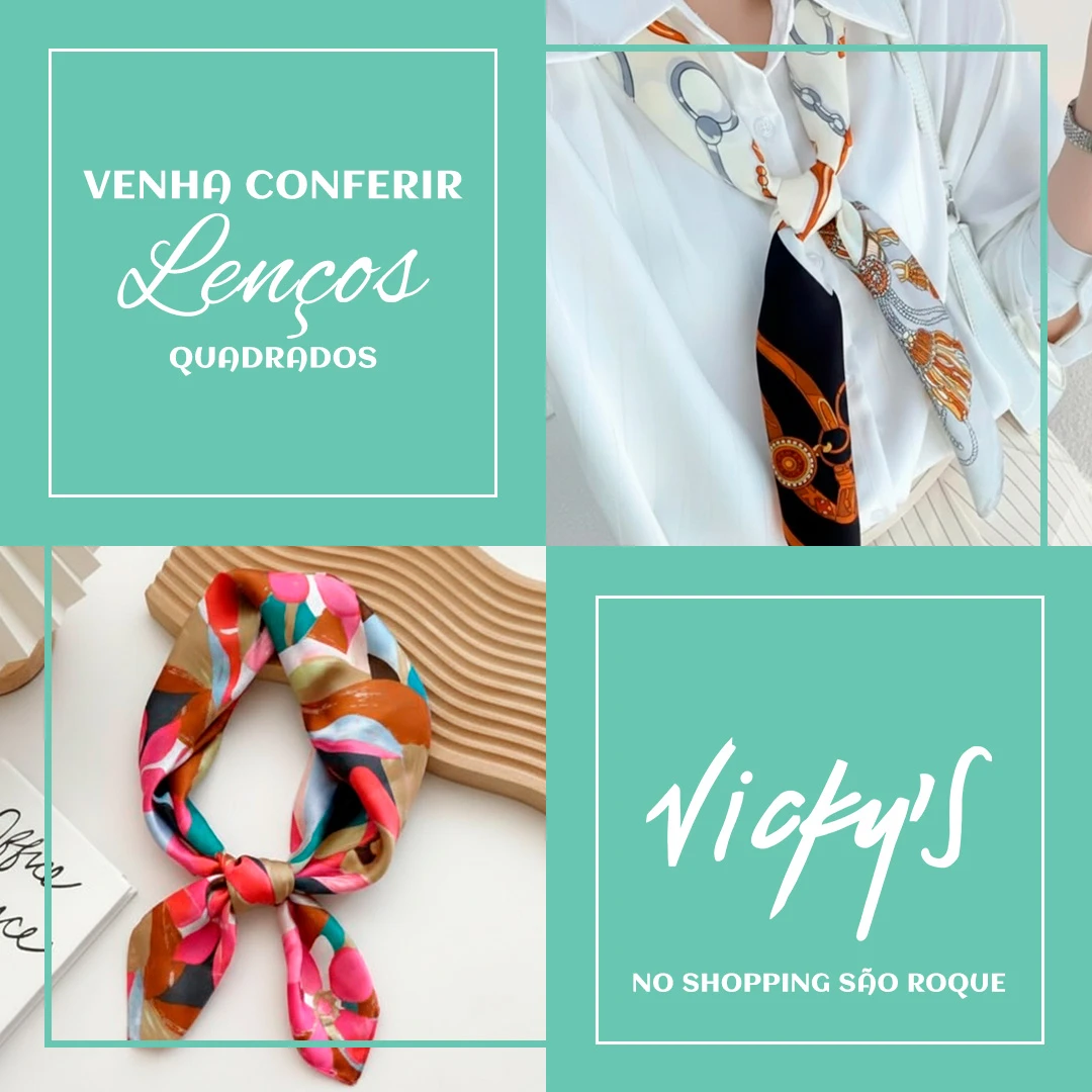 Artes para mídias sociais da loja Vicky's com fotos de lenços e chamada para ação no Shopping São Roque.