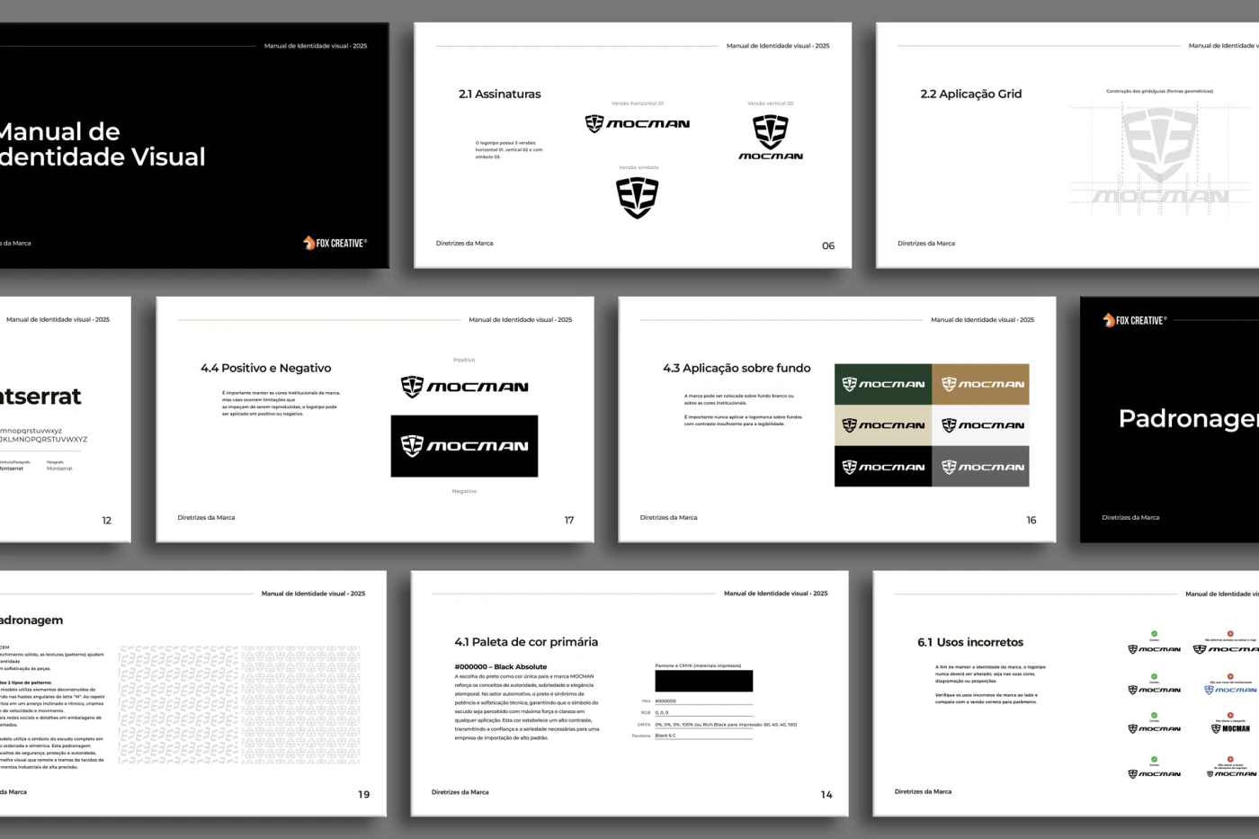 Mockup do Manual de Identidade Visual MOCMAN exibindo grid, paleta de cores e diretrizes de marca.