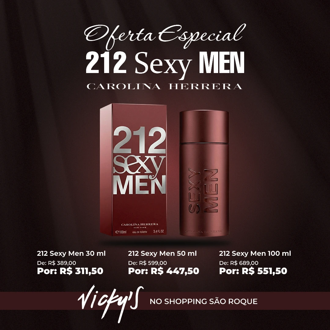 Arte para mídias sociais da loja Vicky's mostrando oferta do perfume 212 Sexy Men com fundo elegante em tons de bordô.