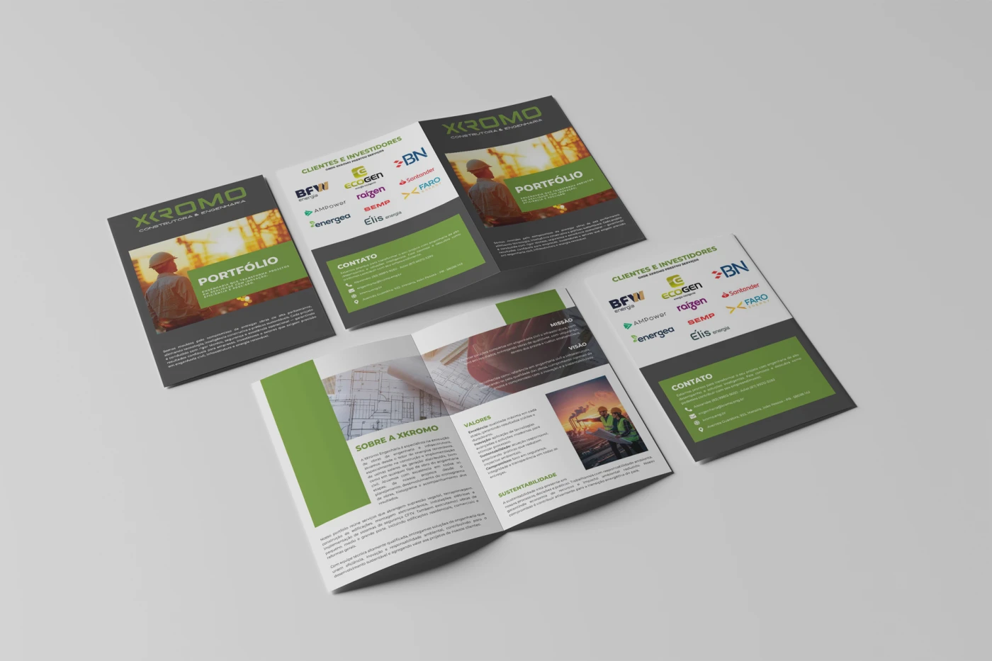 Design de portfólio corporativo moderno para a empresa XKROMO Engenharia com foco em credibilidade institucional.