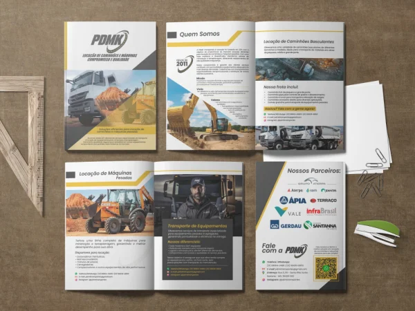 Design de portfólio empresarial para a empresa PDMK de locação de máquinas pesadas e caminhões.
