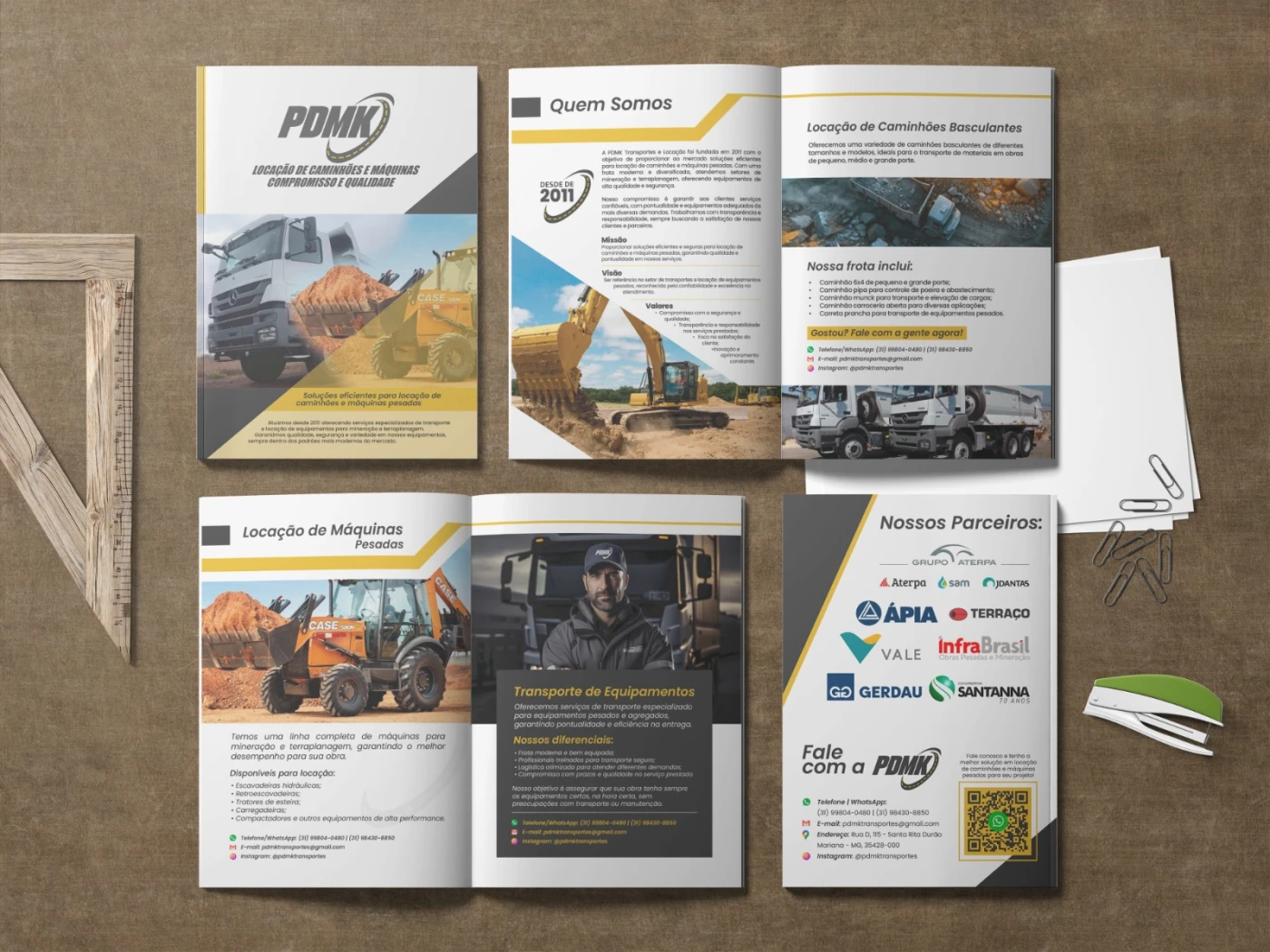 Design de portfólio empresarial para a empresa PDMK de locação de máquinas pesadas e caminhões.