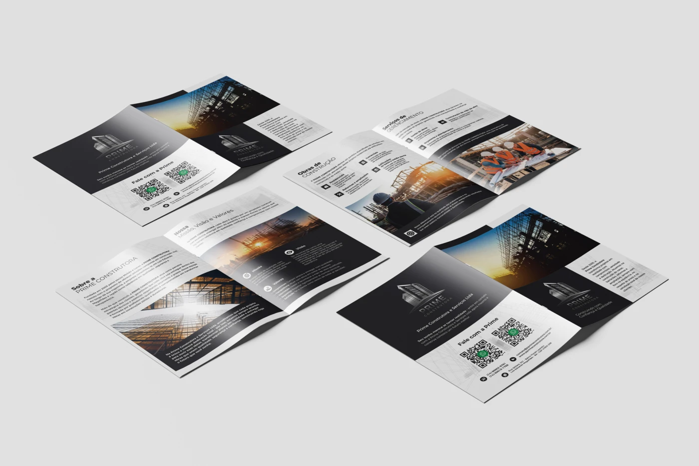 Portfólio corporativo em PDF da Prime Construtora e Serviços — múltiplas páginas com layout editorial moderno, fotos de obras, QR Code e identidade visual consistente, criado pela Fox Creative