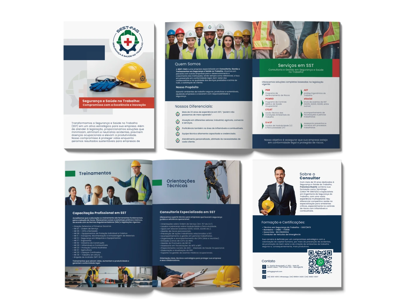 Portfólio corporativo em PDF da SEST-FAG Segurança e Saúde no Trabalho — múltiplas páginas com catálogo de serviços SST, perfil do consultor, treinamentos e página de contato com QR Code, criado pela Fox Creative