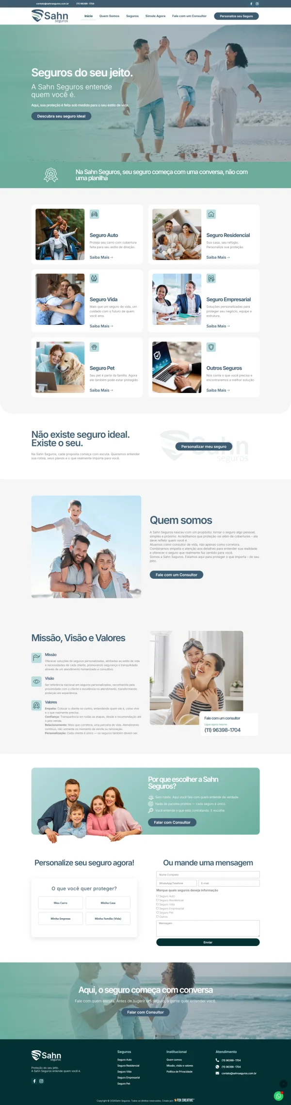 Site profissional Sahn Seguros — layout responsivo com hierarquia de conversão e UX humanizado para corretora de seguros personalizada