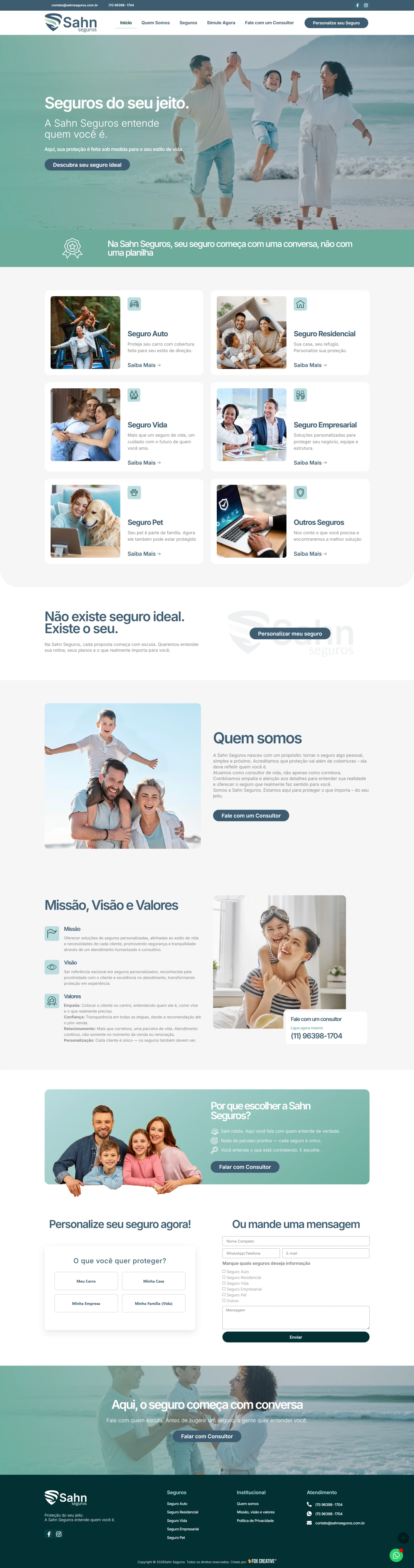 Site profissional Sahn Seguros — layout responsivo com hierarquia de conversão e UX humanizado para corretora de seguros personalizada