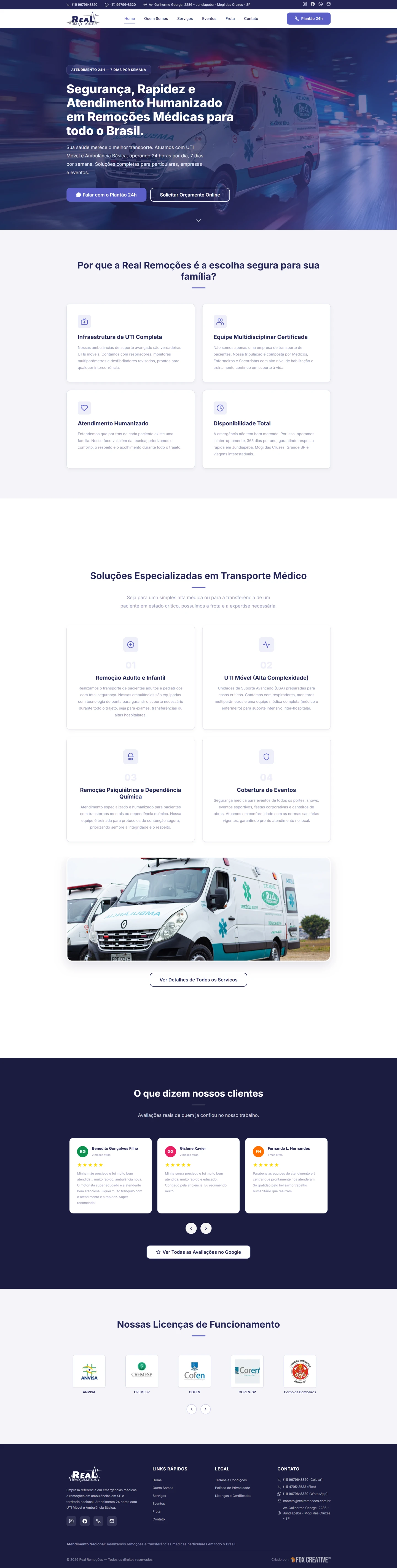 Interface do site profissional da Real Remoções Médicas mostrando ambulância em movimento e botões de agendamento.